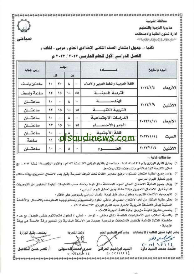 “ساعات” جدول امتحانات الصف الثاني الاعدادي الترم الاول 2024 وزارة التربية والتعليم