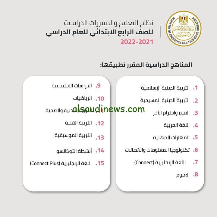 المقررات الدراسية للصف الرابع الإبتدائي