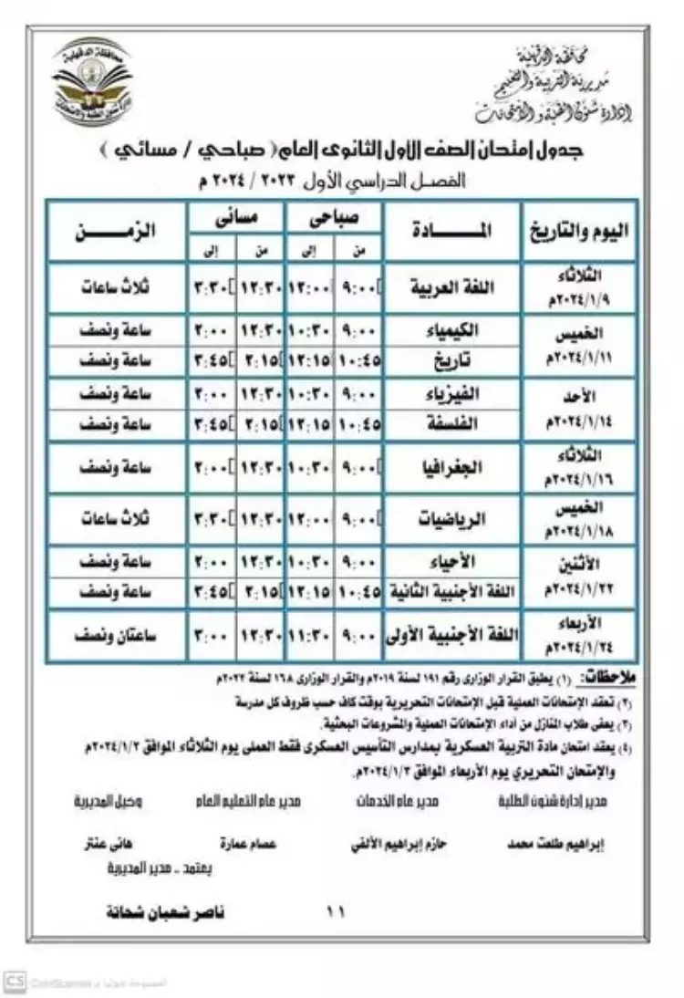 امتحانات الترم الأول 2024 جميع الصفوف وموعد اعلان النتائج