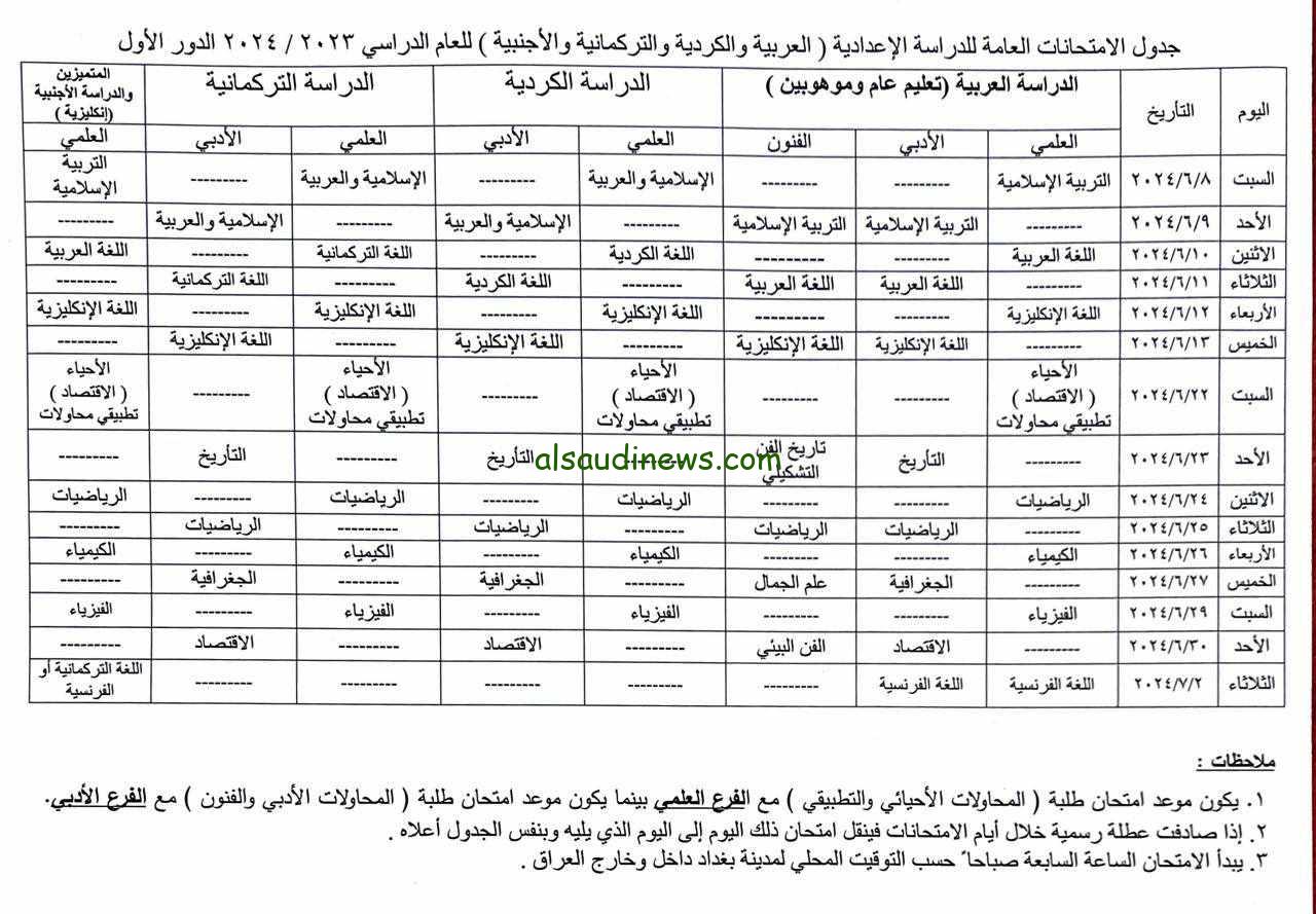 تحميل جدول الامتحانات الوزارية الدور الثاني الصف الثالث المتوسط والسادس الاعدادي والسادس الابتدائي العراق 2024