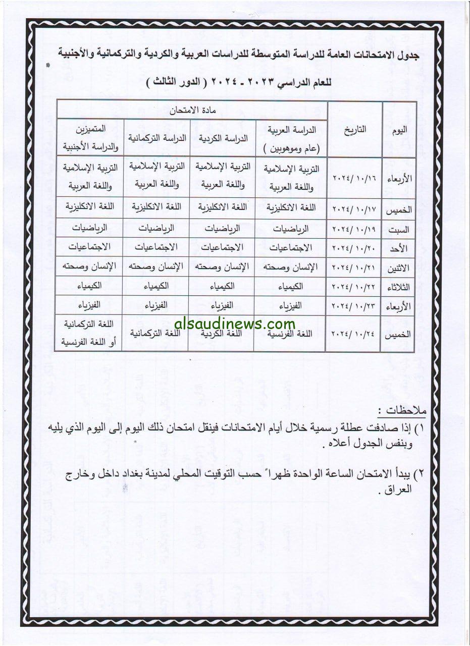 ” متــاح هــنا ” تحميل جدول امتحانات الدور الثالث للثالث المتوسط والسادس الاعدادي العراق 2024 اعرف مواعيد الامتحانات