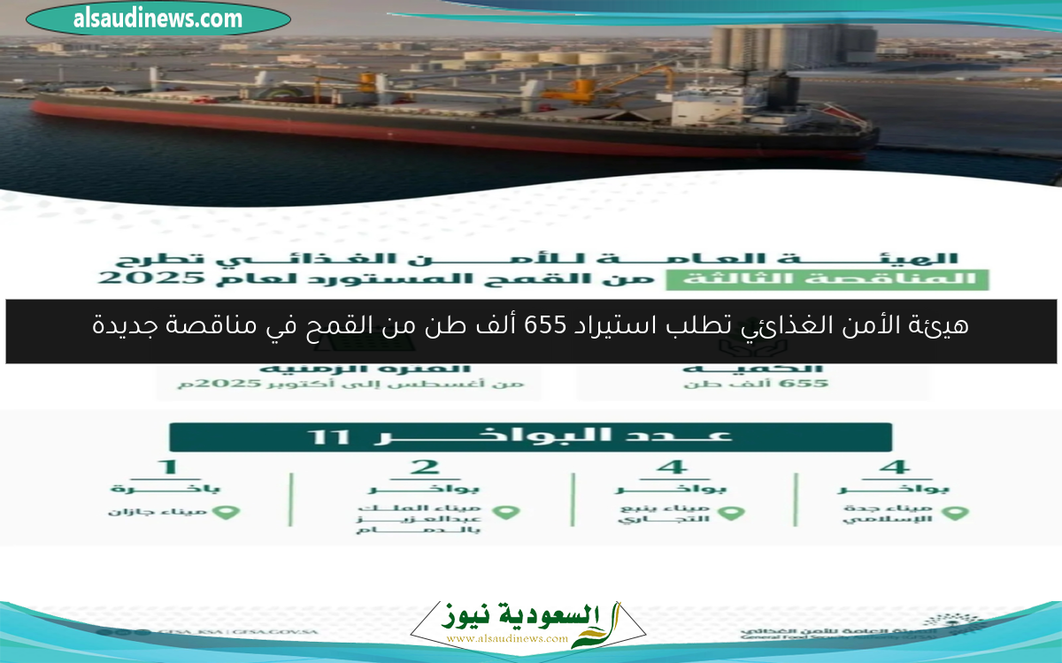 هيئة الأمن الغذائي تطلب استيراد 655 ألف طن من القمح في مناقصة جديدة